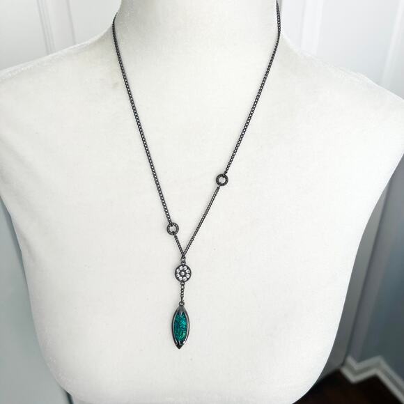 Long Dichroic Peacock Blue Shimmery Pendant Necklace on Silver Adjustable Chain - Picture 2 of 9